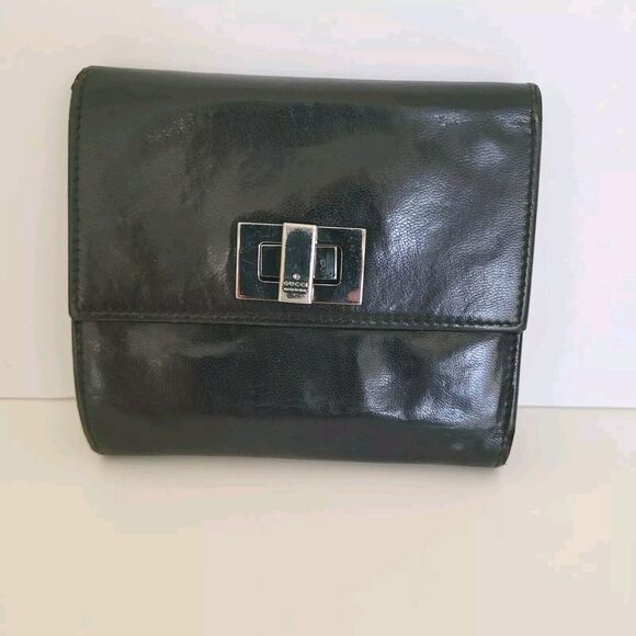 GUCCI Turnlock Leather Card Bill Wallet Medium Monogram Tifold Black Unisex